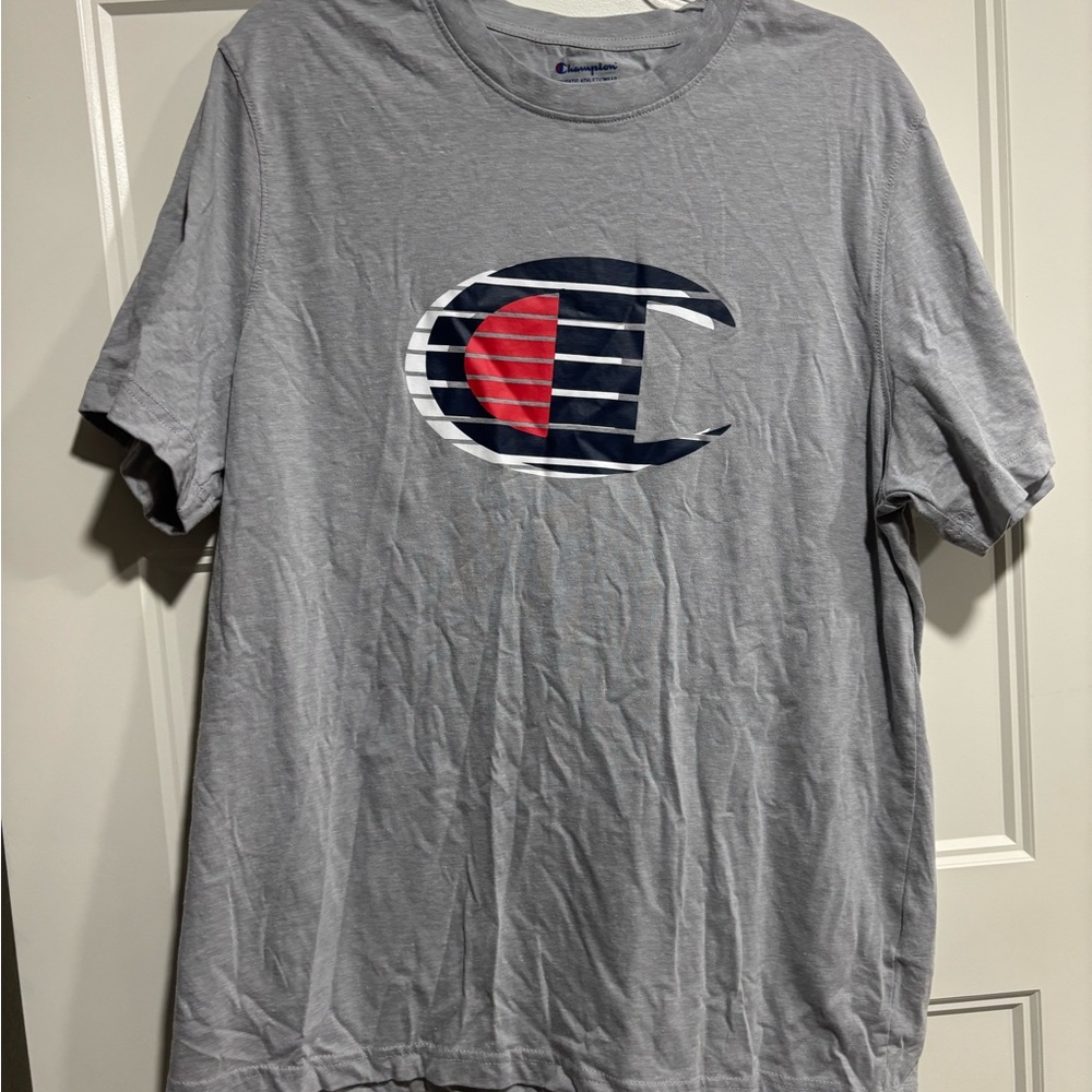 Men’s Champion Gray T-Shirt with Navy and Red Logo Size XL